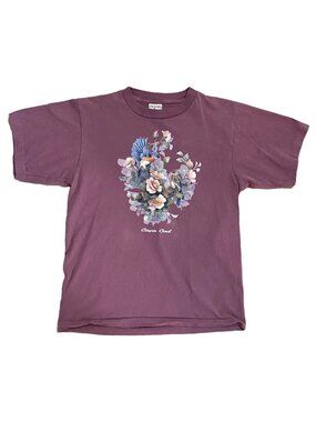 Vintage Graphic T-Shirt Floral Bird Design Purple Cottagecore 100% Cotton Boxy